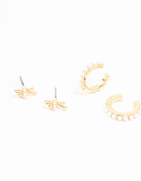 Gold Plated Brass Bow, Freshwater Pearl Cuff & Cubic Zirconia Cup Chain Earrings 3-Pack - link has visual effect only