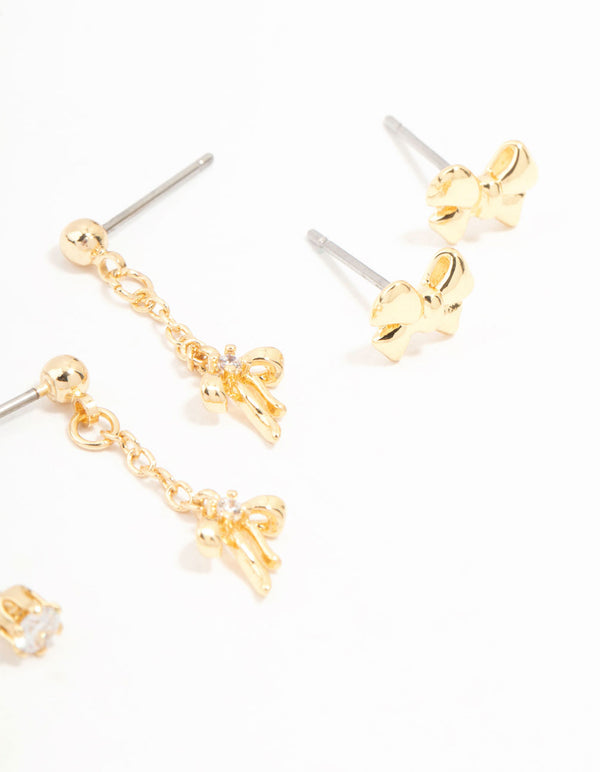 Gold Plated Mini Cubic Zirconia Bow Drop Earrings 3-Pack