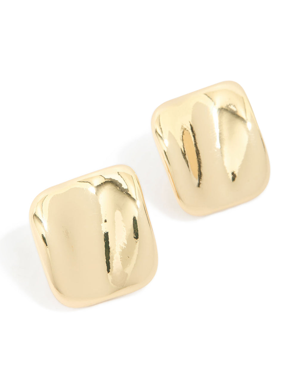 Featuring gold plated curved square stud earrings front view
