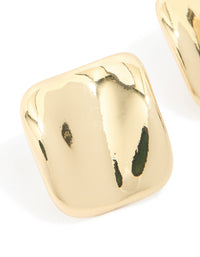 Highlighting gold plated curved square stud earrings close up view - link has visual effect only
