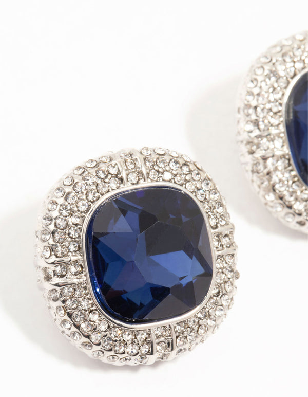 Silver Large Blue Diamante Stud Earrings