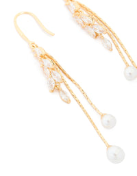 Beautifully crafted gold plated cubic zirconia pearl and leaf drop hook earrings close up view - link has visual effect only