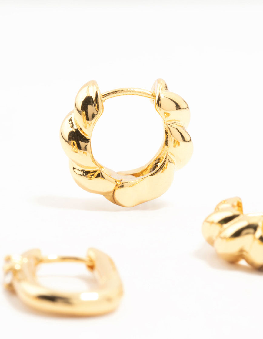 Gold Plated Brass Rope & Pave Cubic Zirconia Hoop Earrings 3-Pack