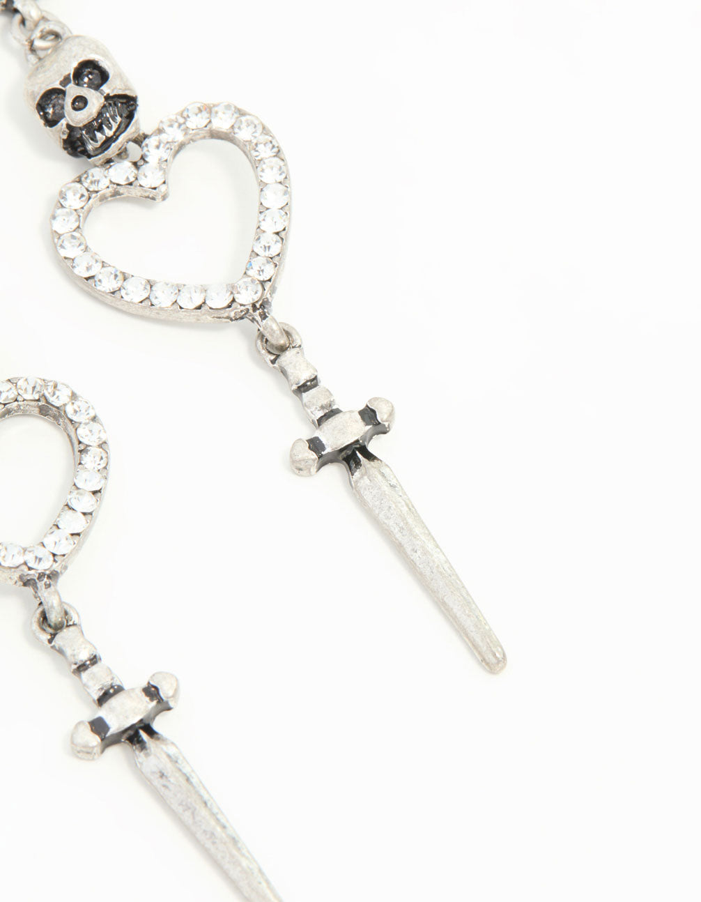 Antique Silver Heart & Skull Dagger Drop Earrings