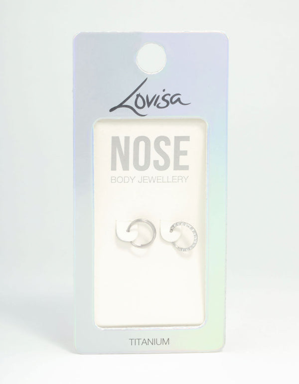 Titanium Cubic Zirconia & Spiral Nose Rings 2-Pack