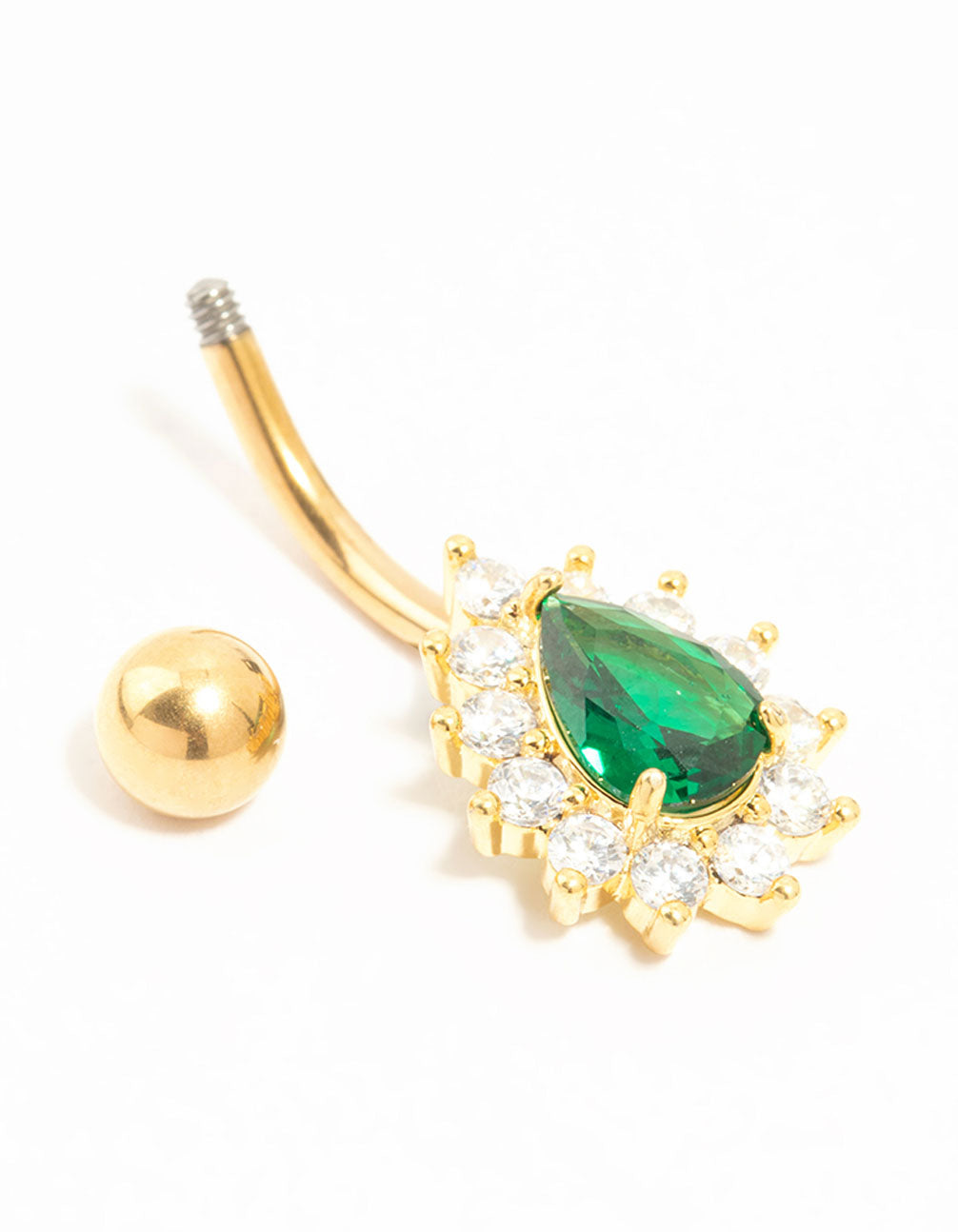 Gold Plated Titanium Spikey Green Cubic Zirconia Belly Bar