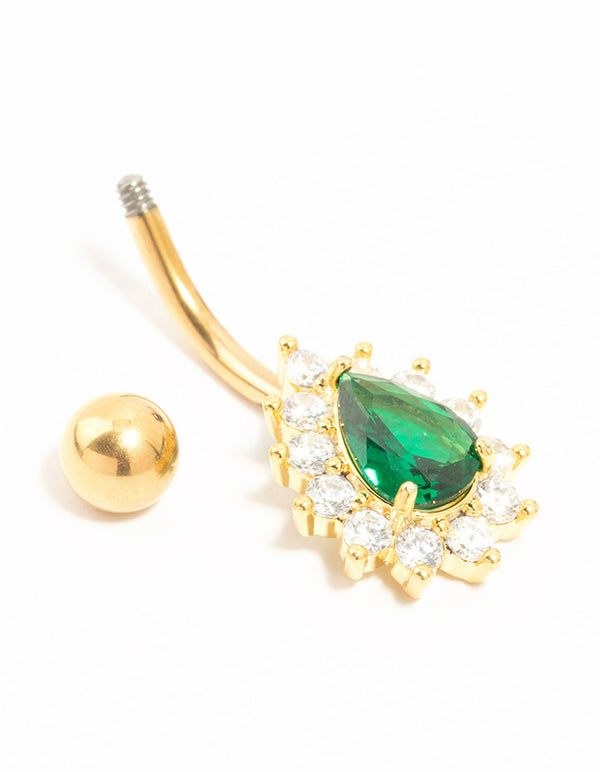 Gold Plated Titanium Spikey Green Cubic Zirconia Belly Bar
