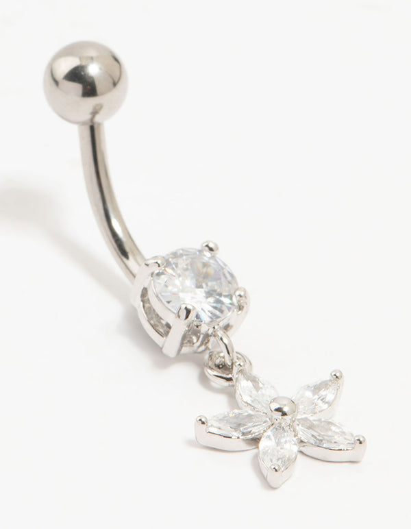 Titanium Cubic Zirconia Flower Drop Belly Bar