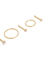 Discover gold plated titanium nose studs and rings featuring cubic zirconia with hoop closure in a 6-pack detail view - link has visual effect only