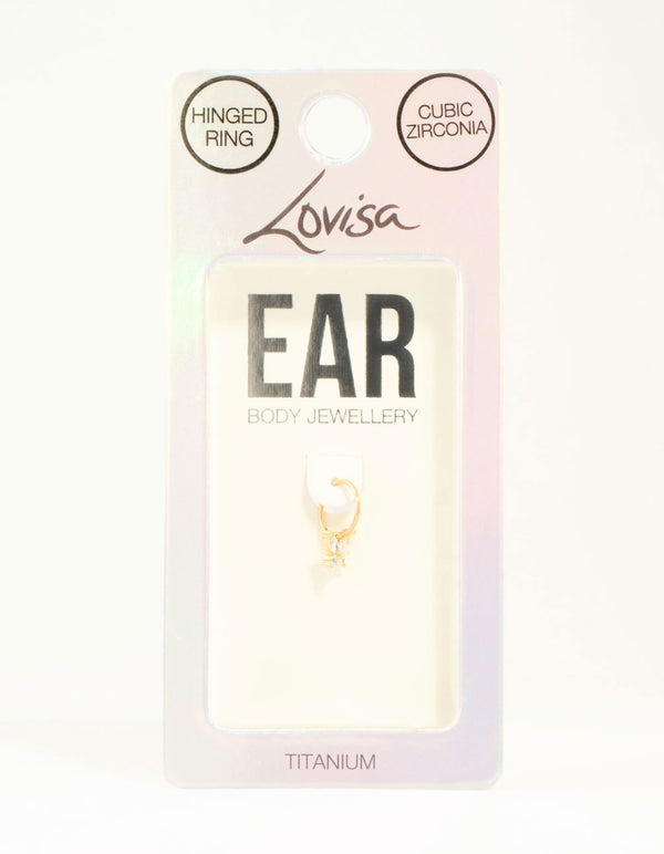 Gold Plated Titanium Cubic Zirconia Butterfly Dangle Clicker Ring