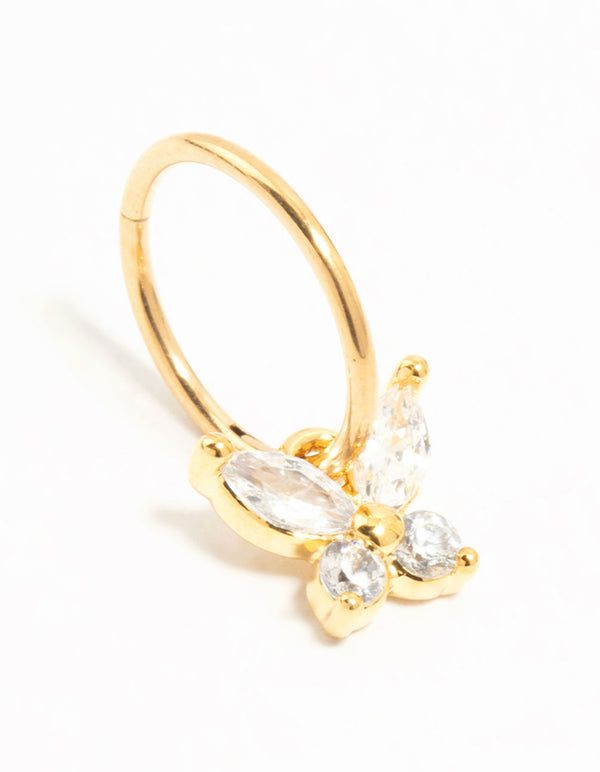 Gold Plated Titanium Cubic Zirconia Butterfly Dangle Clicker Ring