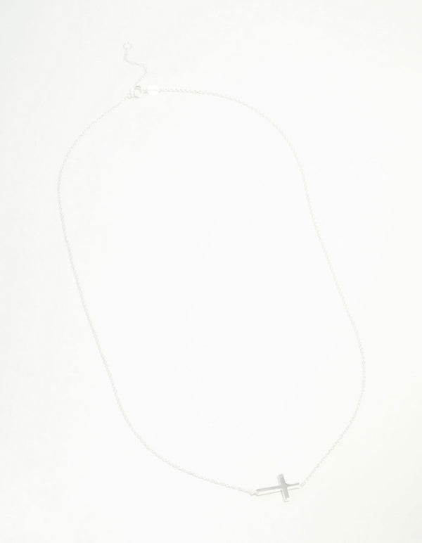 Sterling Silver Large Horizontal Cubic Zirconia Cross Necklace