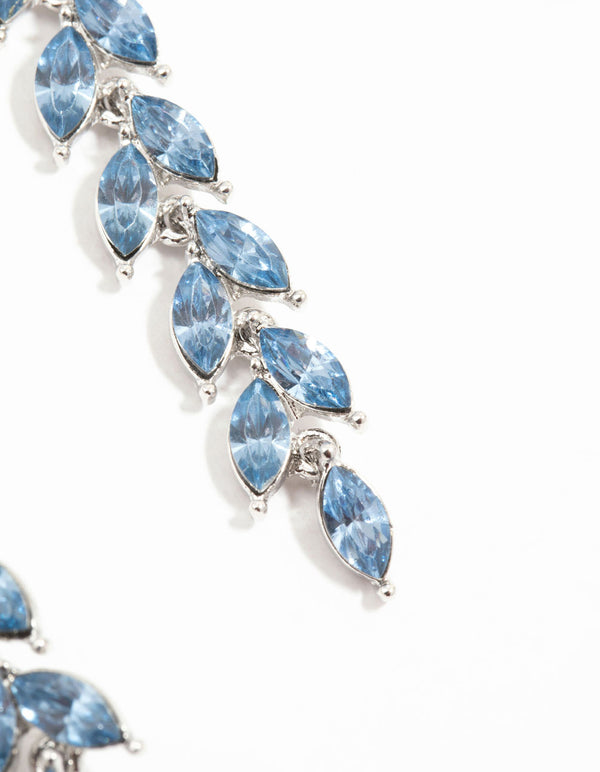 Silver Petal Blue Leaf Diamante Drop Earrings