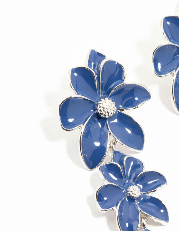 Silver Blue Flowers Drop Earrings