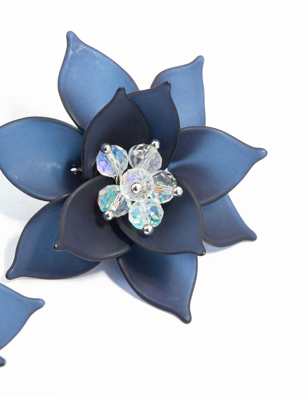 Large Blue Beaded Center Flower Stud Earrings
