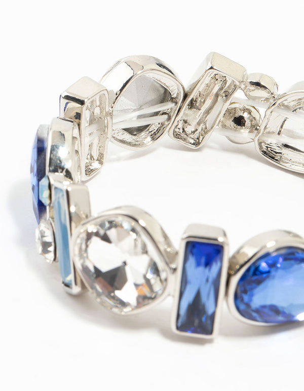Silver Mixed Shape Blue  Diamante Stretch Bracelet