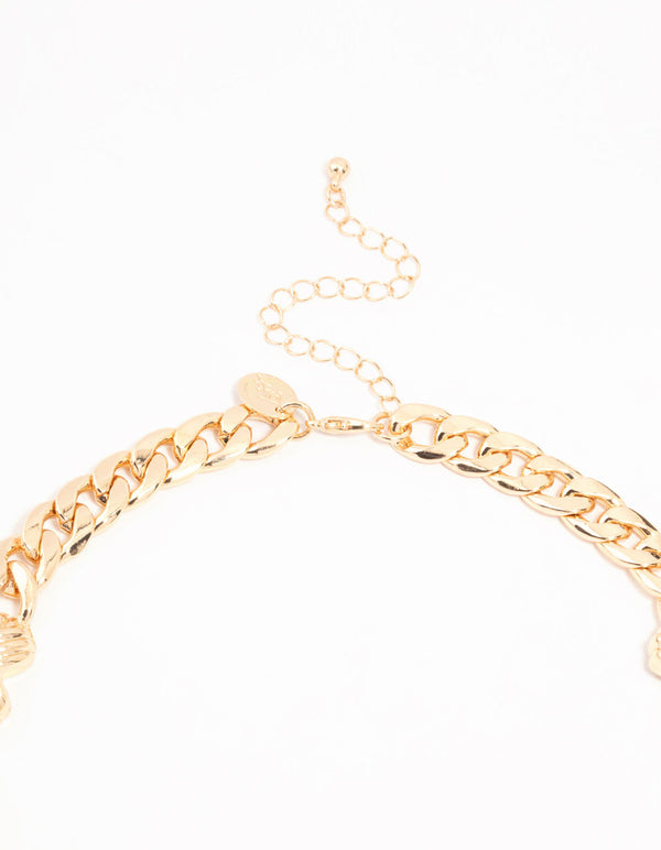 Gold Ribbed Heart Chain Necklace & Earrings Set