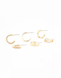 Gold Sand Blast & Link Hoop Earrings 3-Pack - link has visual effect only