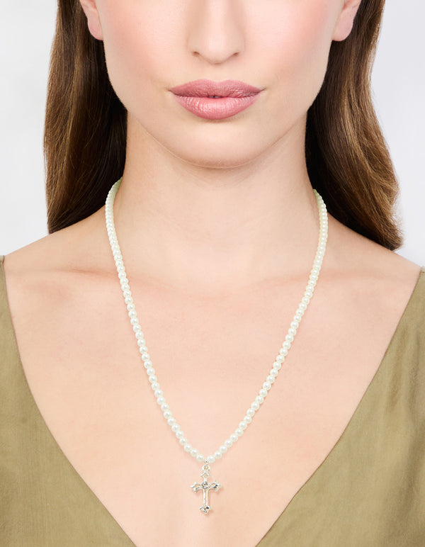 Silver Pearl Cross Pendant Necklace