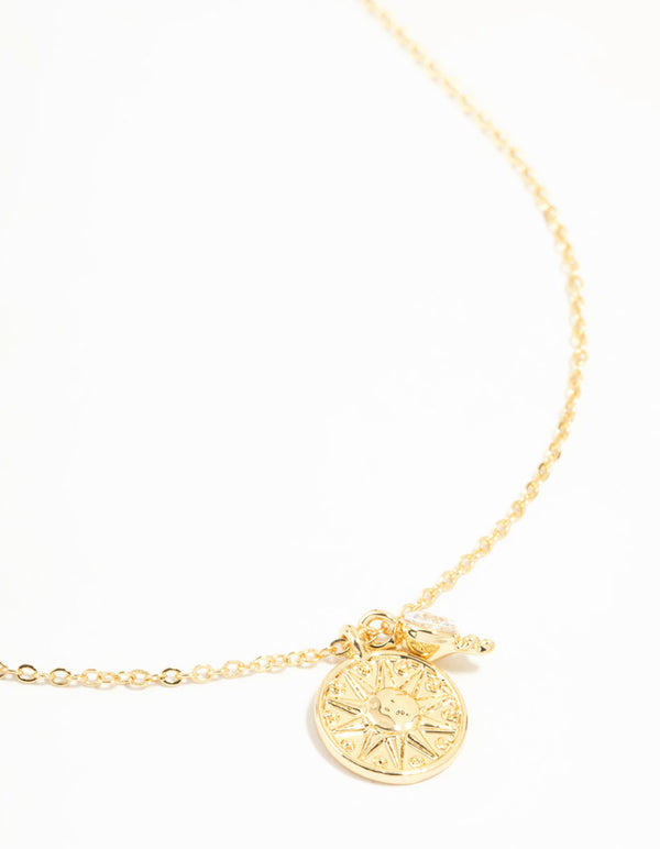 Gold Plated Sun & Cubic Zirconia Pendant Necklace
