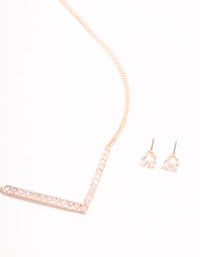Rose Gold Cubic Zirconia V Necklace & Stud Earrings Set - link has visual effect only