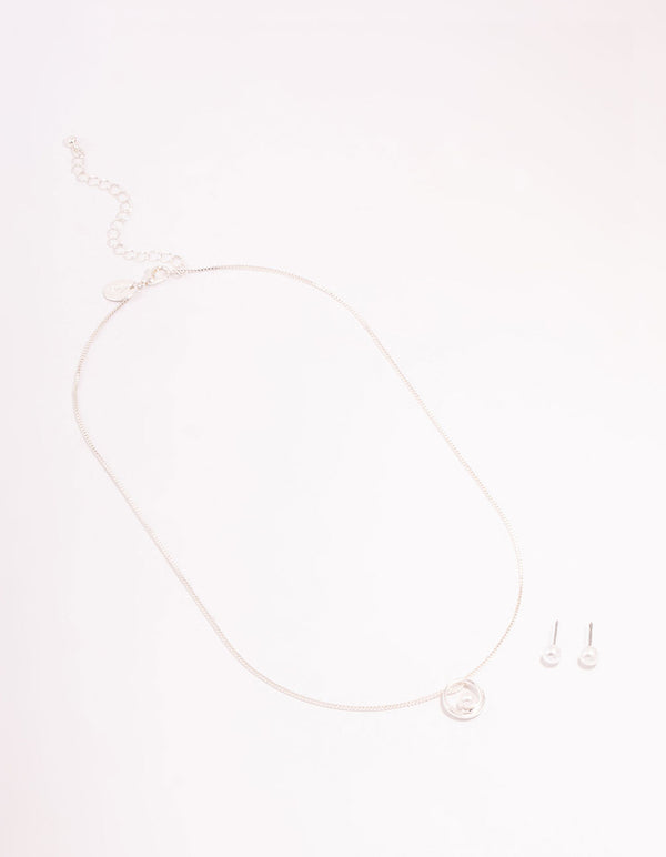 Silver Pearl Necklace & Stud Earrings Set