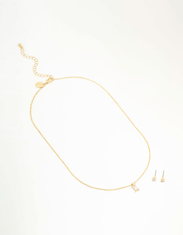 Gold Baguette Cut Diamante Necklace & Stud Earrings Set