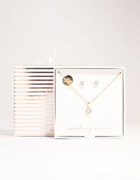 Gold Cubic Zirconia Solitaire Necklace & Stud Earrings Set - link has visual effect only