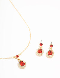Round & Pear Red Diamante Halo Necklace & Drop Earrings Set - link has visual effect only