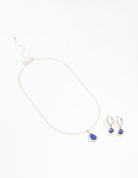 Silver Blue Diamante Halo Necklace & Huggie Earrings Set - link has visual effect only