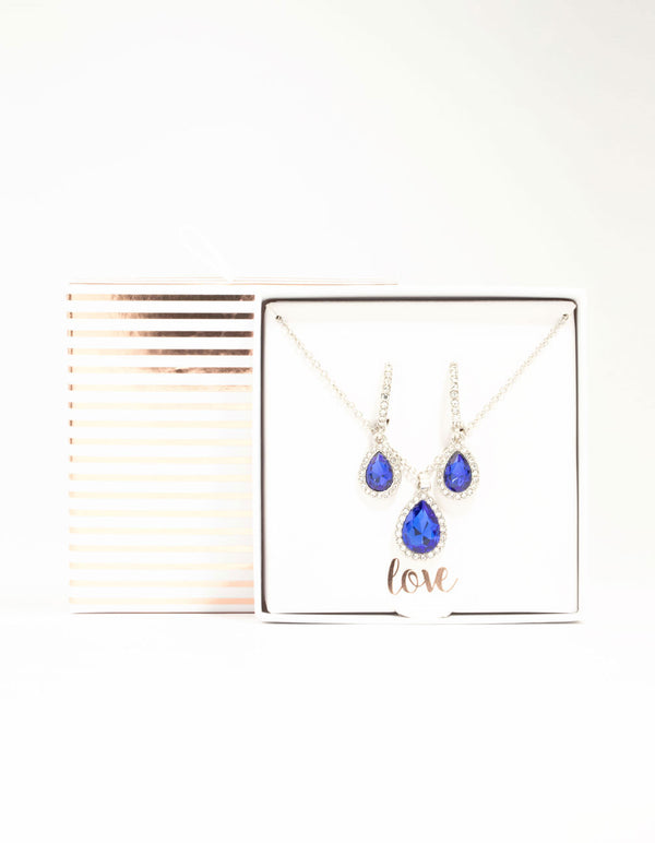 Silver Blue Diamante Halo Necklace & Huggie Earrings Set