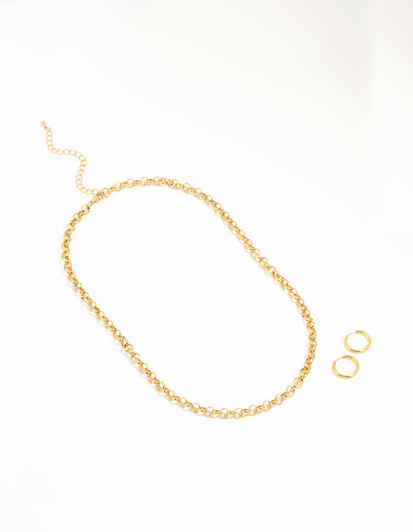 Waterproof Gold Plated Stainless Steel Classic Cable Necklace & Earrings Set