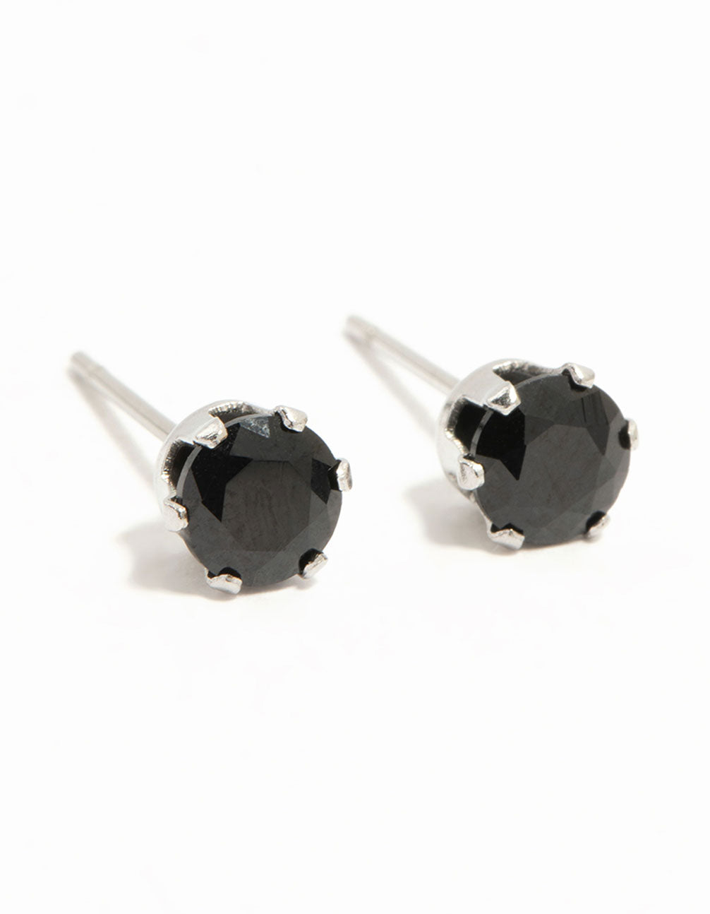 Showcasing waterproof black diamante stainless steel stud earrings with silver finish front view