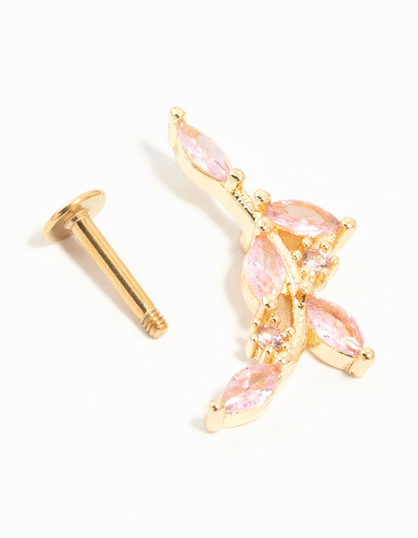 Gold Plated Surgical Steel Pink Diamante Vine Single Flat Back Stud