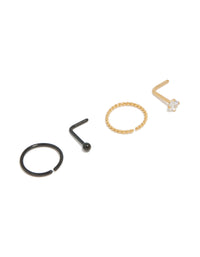 Mixed Metal Plated Surgical Steel Diamante Twist Nose Rings & Studs 4-Pack - link has visual effect only