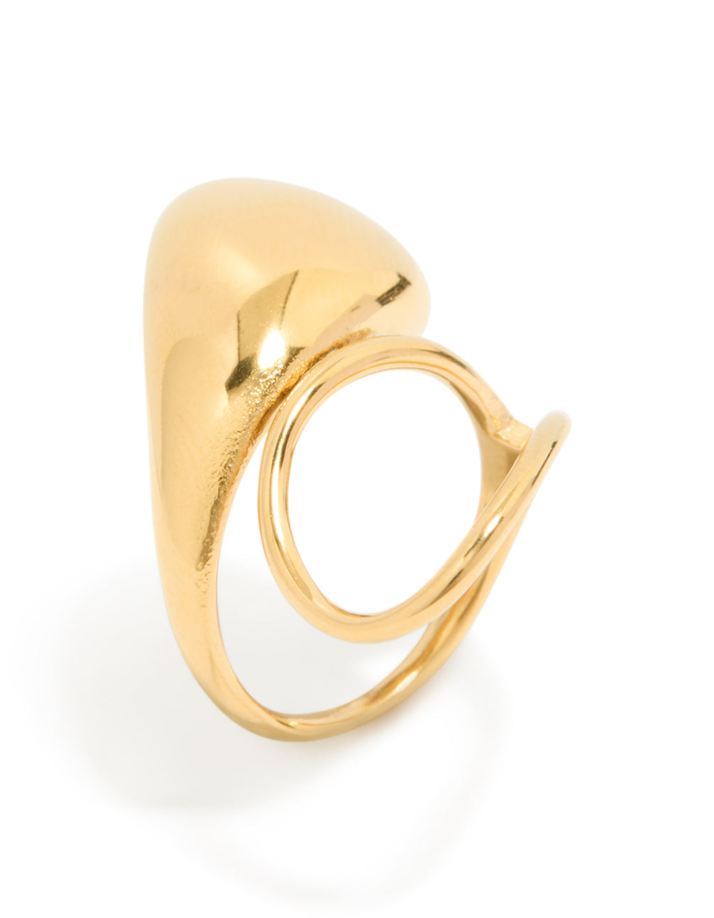Showcasing a waterproof gold plated stainless steel loop outline wrap ring in chunky style side detail view