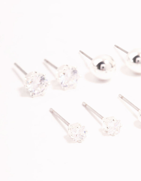 Silver Plated Cubic Zirconia & Ball Stud Earrings 6-Pack