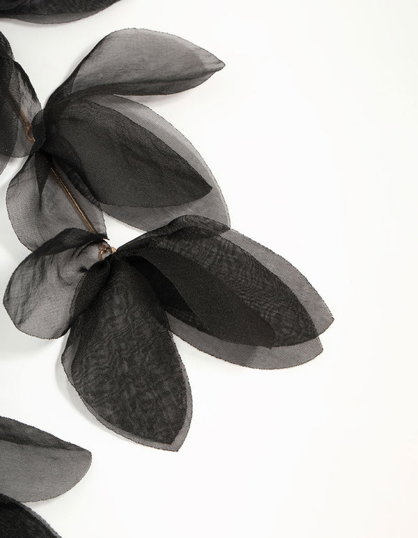 Black Chiffon Fabric Petal Leaf Drop Earrings