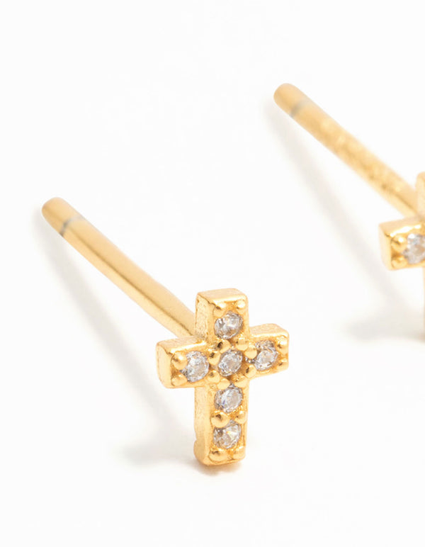 Gold Plated Sterling Silver Mini Diamante Cross Stud Earrings