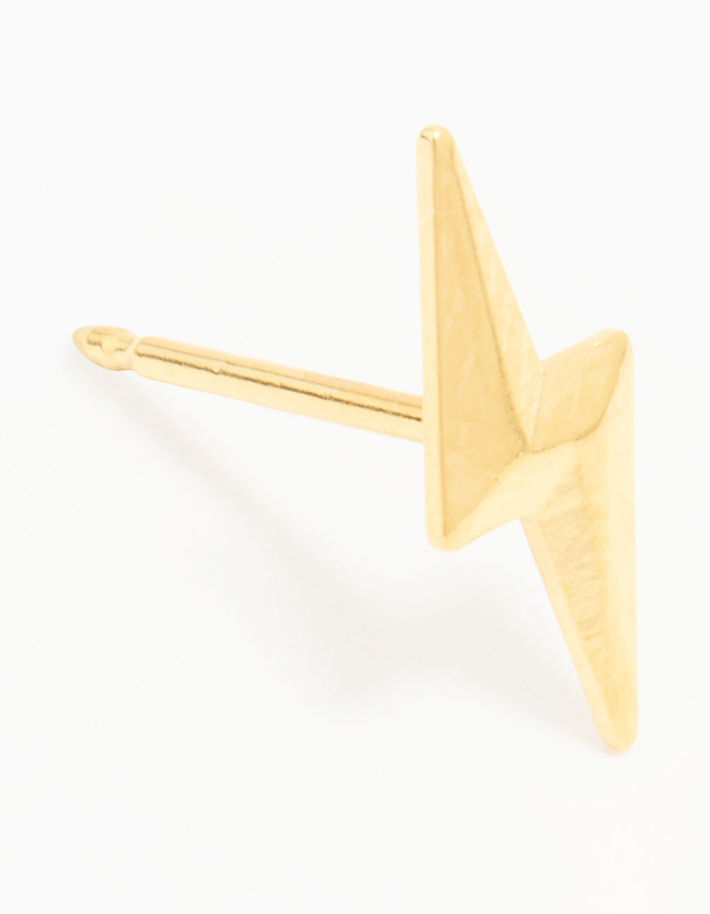 Showcasing a 24K gold plated surgical stainless steel lightning bolt piercing stud front view