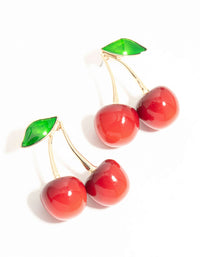 Red Double Cherry Drop Gold Earrings - link has visual effect only
