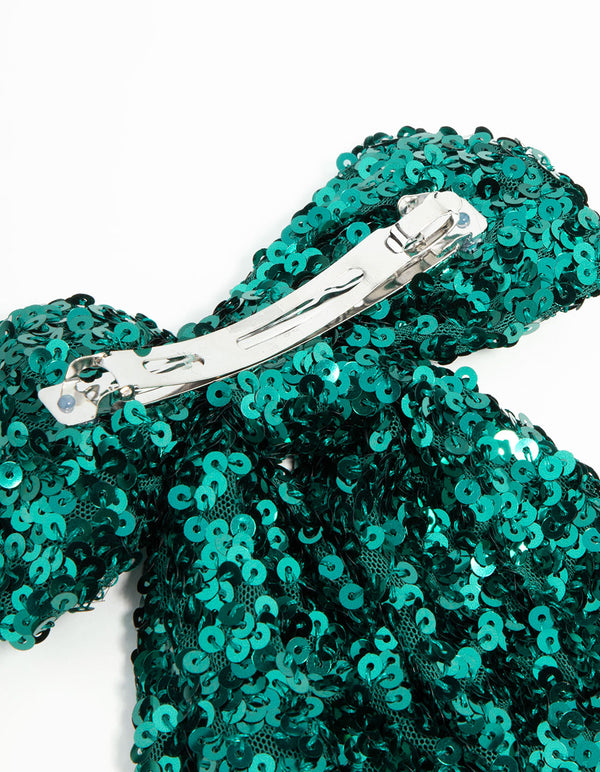 Green Sequin Fabric Long Bow Clip