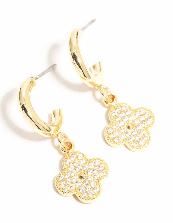 Gold Plated Cubic Zirconia Flower Drop Earrings