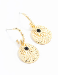 Gold Textured Star Disc Drop Hoop Earrings - link has visual effect only