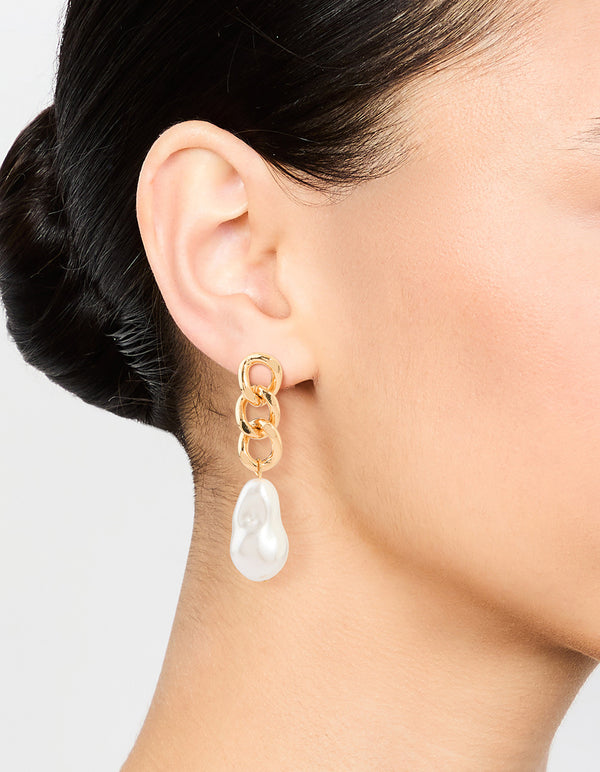 Gold Chain & Pearl Drop Earrings