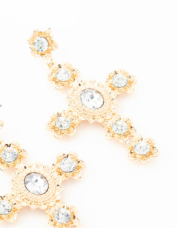 Gold Stone Flower Cross Drop Earrings