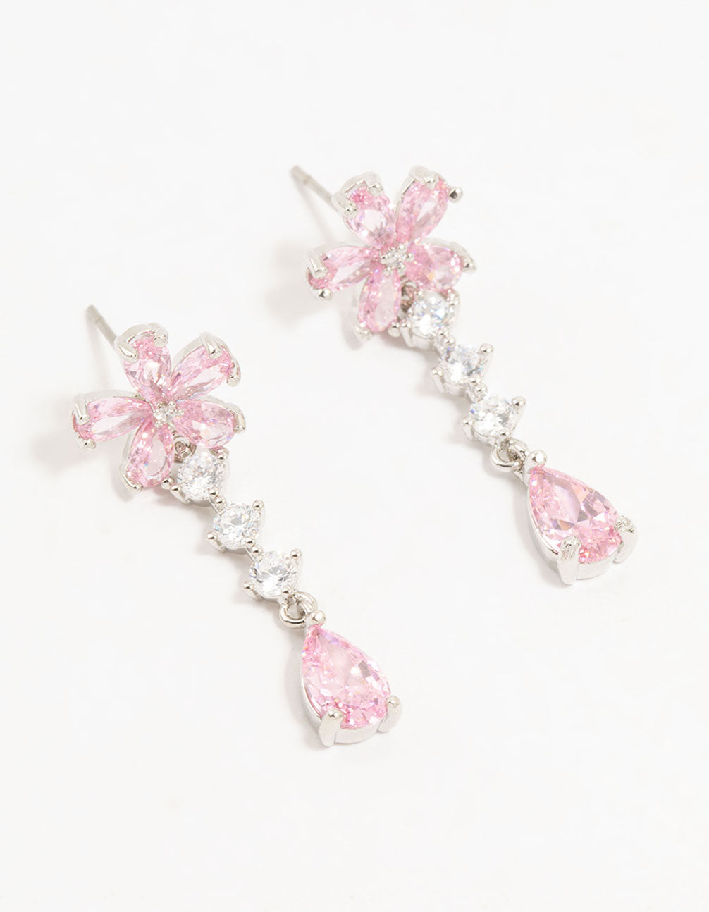 Silver Plated Pink Cubic Zirconia Flower Teardrop Stud Earrings