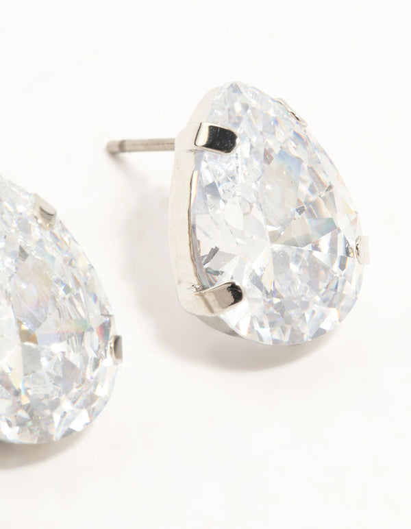 Silver Large Teardrop Cubic Zirconia Stud Earrings