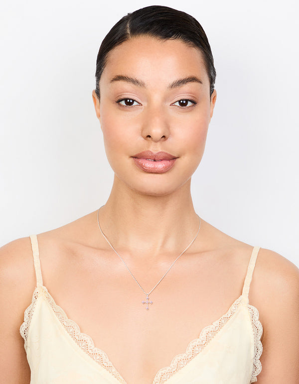 Silver Cubic Zirconia Round Cubic Zirconia Cross Pendant Necklace