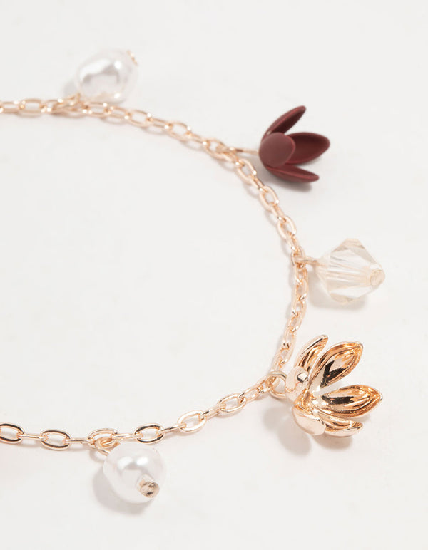 Rose Gold Mixed Flower Charm Bracelet